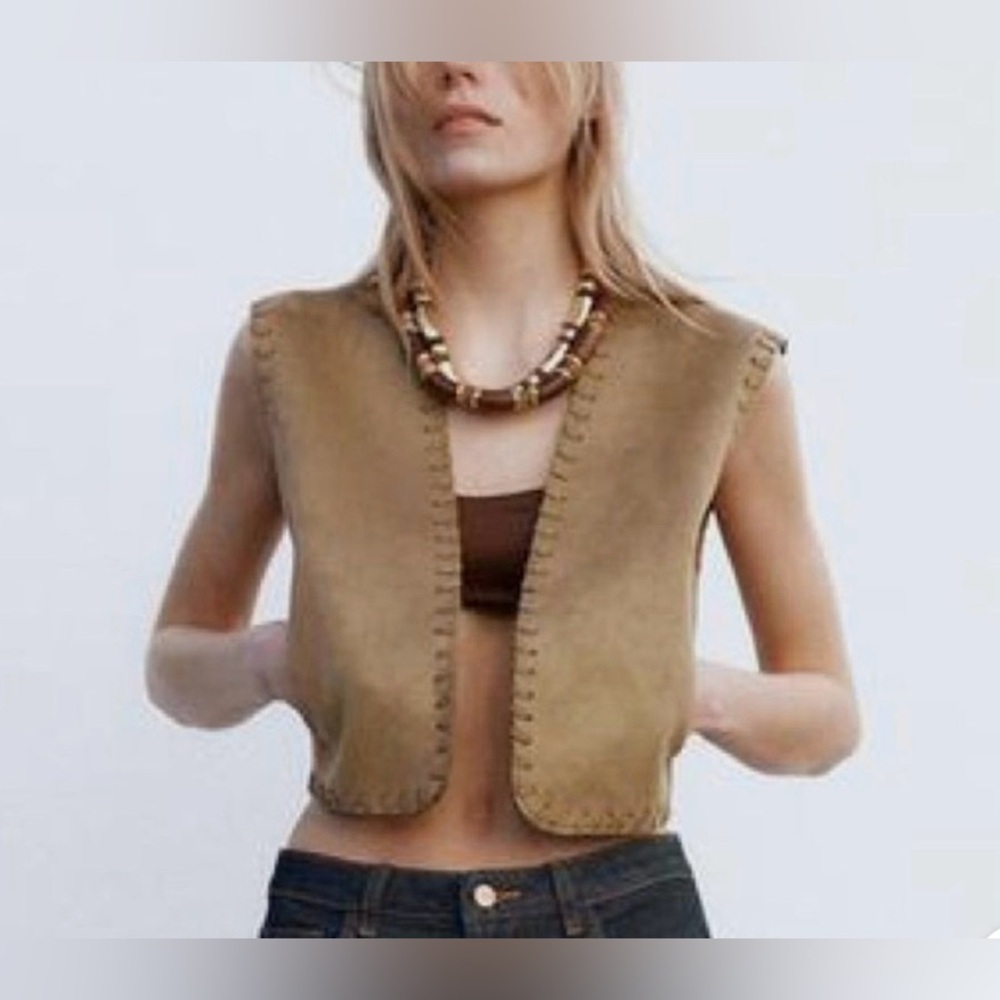 Zara Tan faux Suede Open Short Vest with Stitch Braided Details pockets Fall M